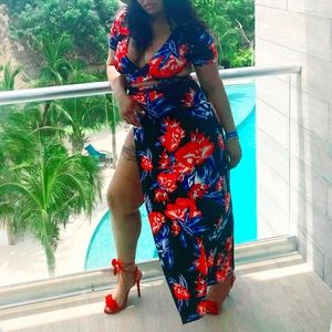 V Neck Floral  Split Two-Piece Maxi Dress